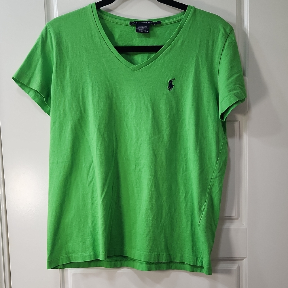 Ralph Lauren V-Neck Short Sleeve Tee in Bright Green with Navy Pony